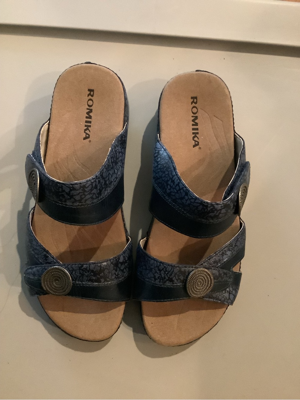 Romika Women's Navy Leather Adjustable Slide Sandals 37 Brand New